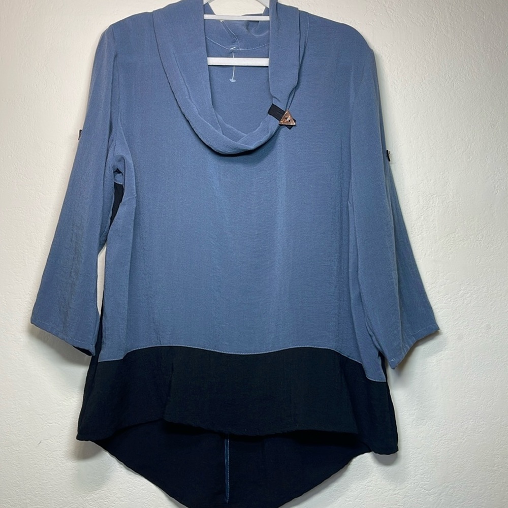 Women's Two-Tone Blue Tunic Top with Cowl Neck